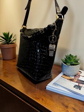 Pebbled Croc-Embossed Black Leather Hobo Shoulder Bag by Lord & Taylor